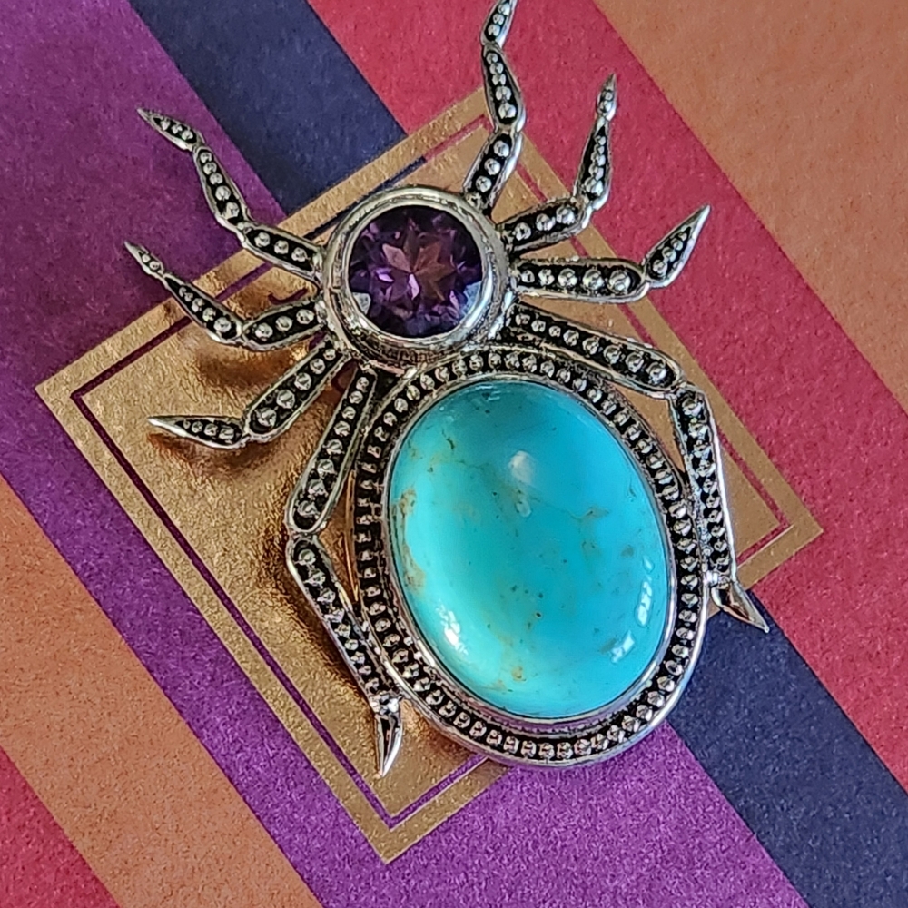 NICKY BUTLER 925 Sterling Silver Turquoise Amethyst Spider Brooch Pendant NB π· - Picture 6 of 13